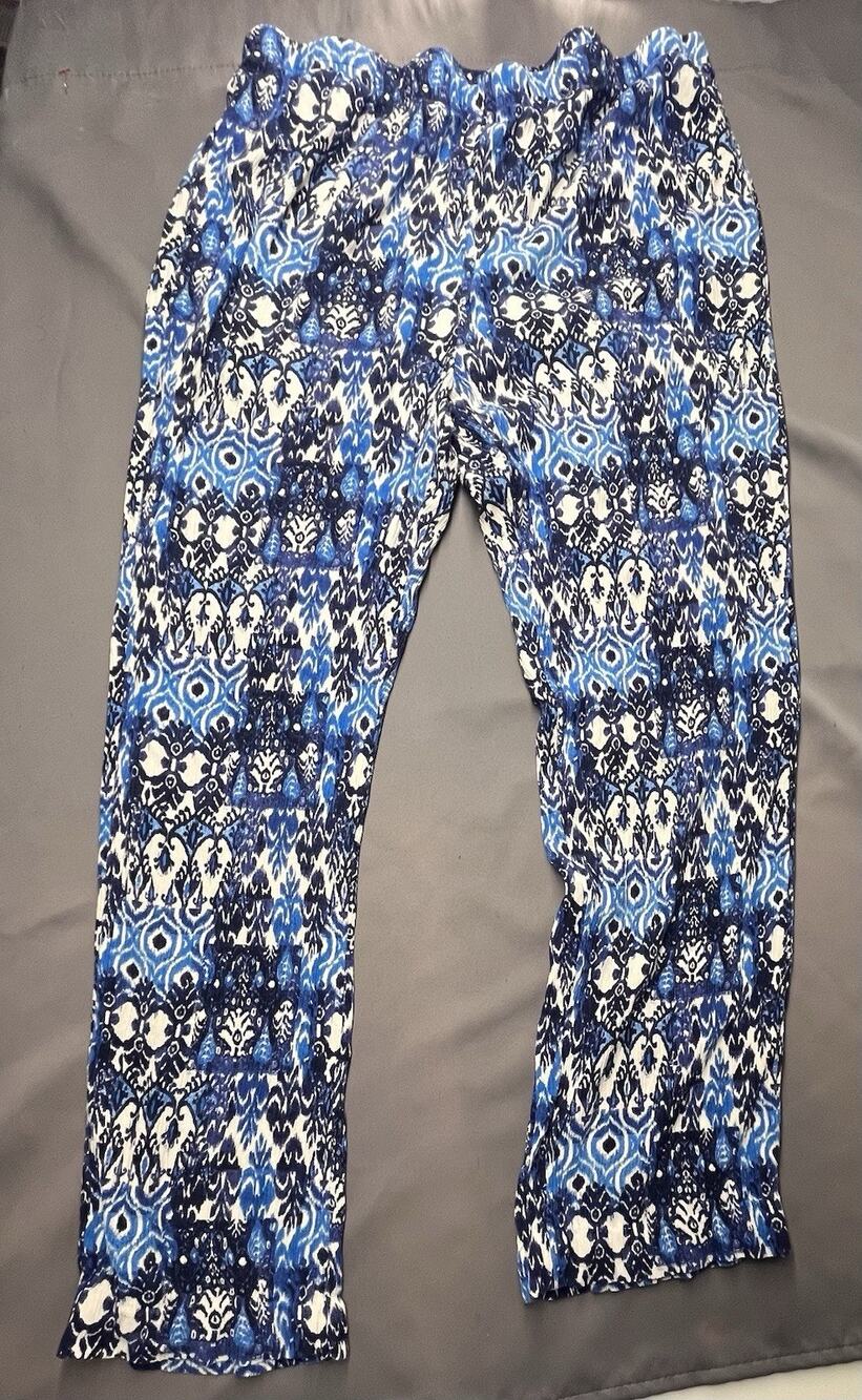 Appleseed’s Women’s Large Blue White Ikat Print Rayon Pull On Casual Pants L